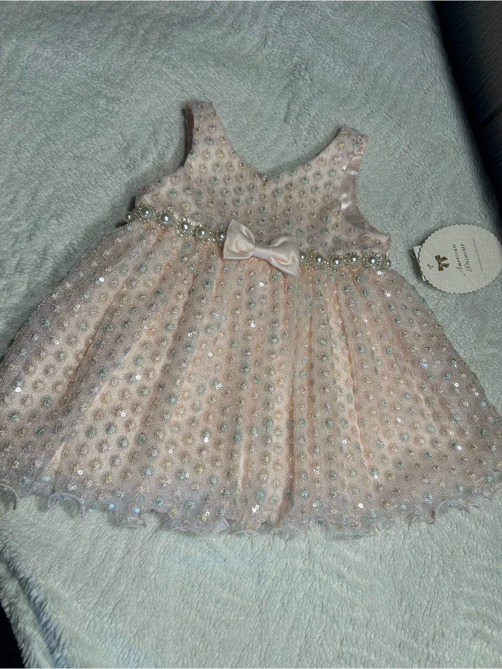 American Princess Light Pink Sequin Pearl Bow Dress